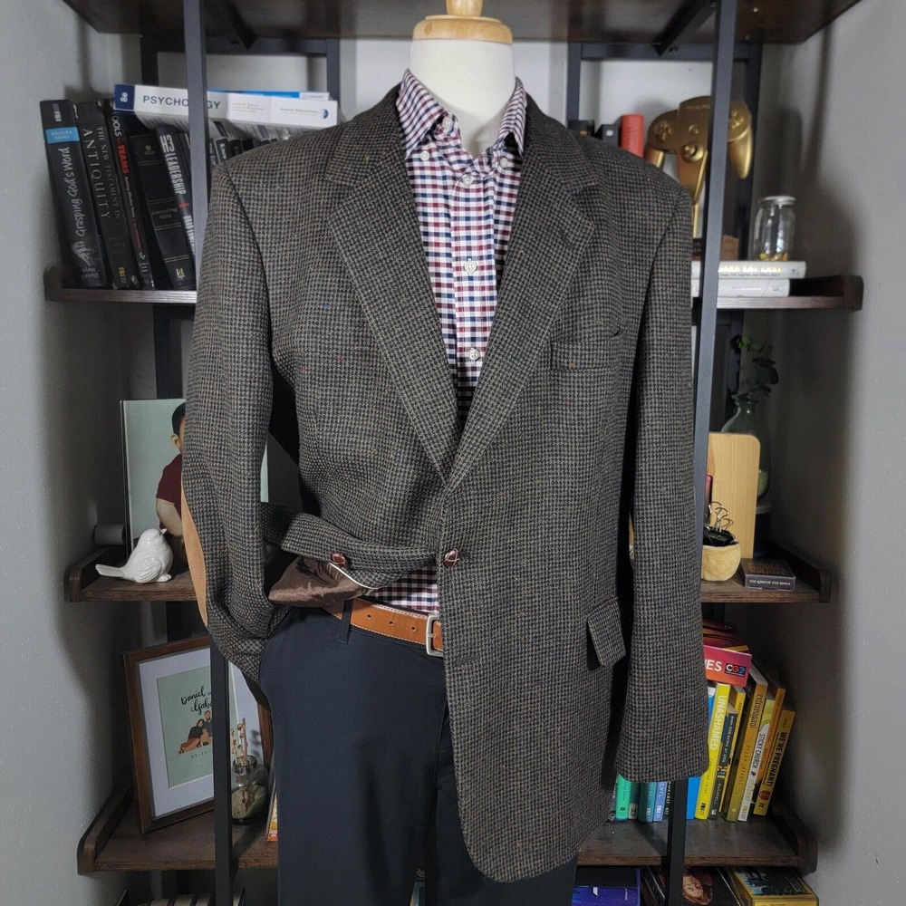VTG‎ English Manor Men's Tweed Sport Coat Blazer Two Button Brown Wool Elbow 46R
